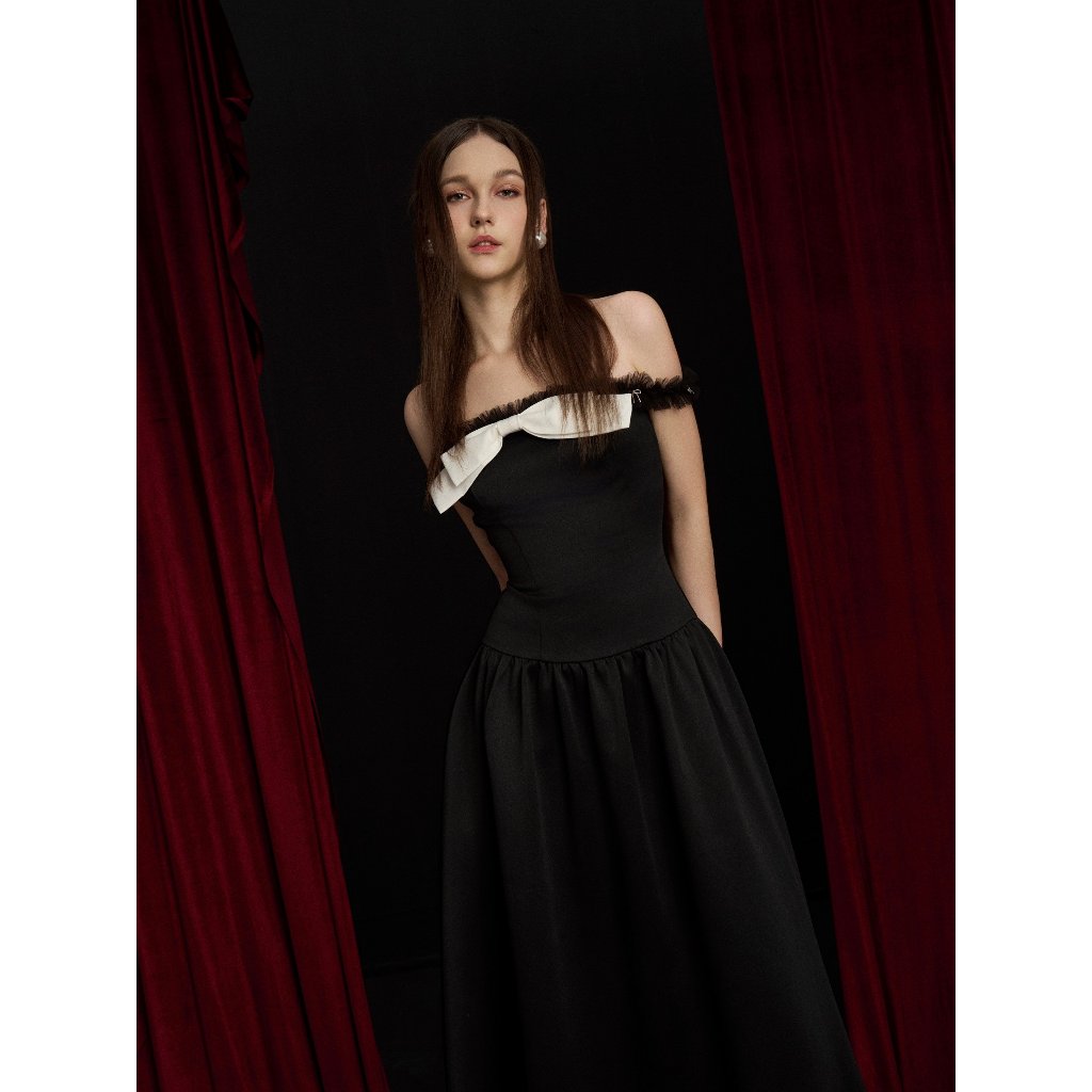 Black midi off-shoulder dress in taffeta with high-end design and chest bow - Betty Dress AMELIE