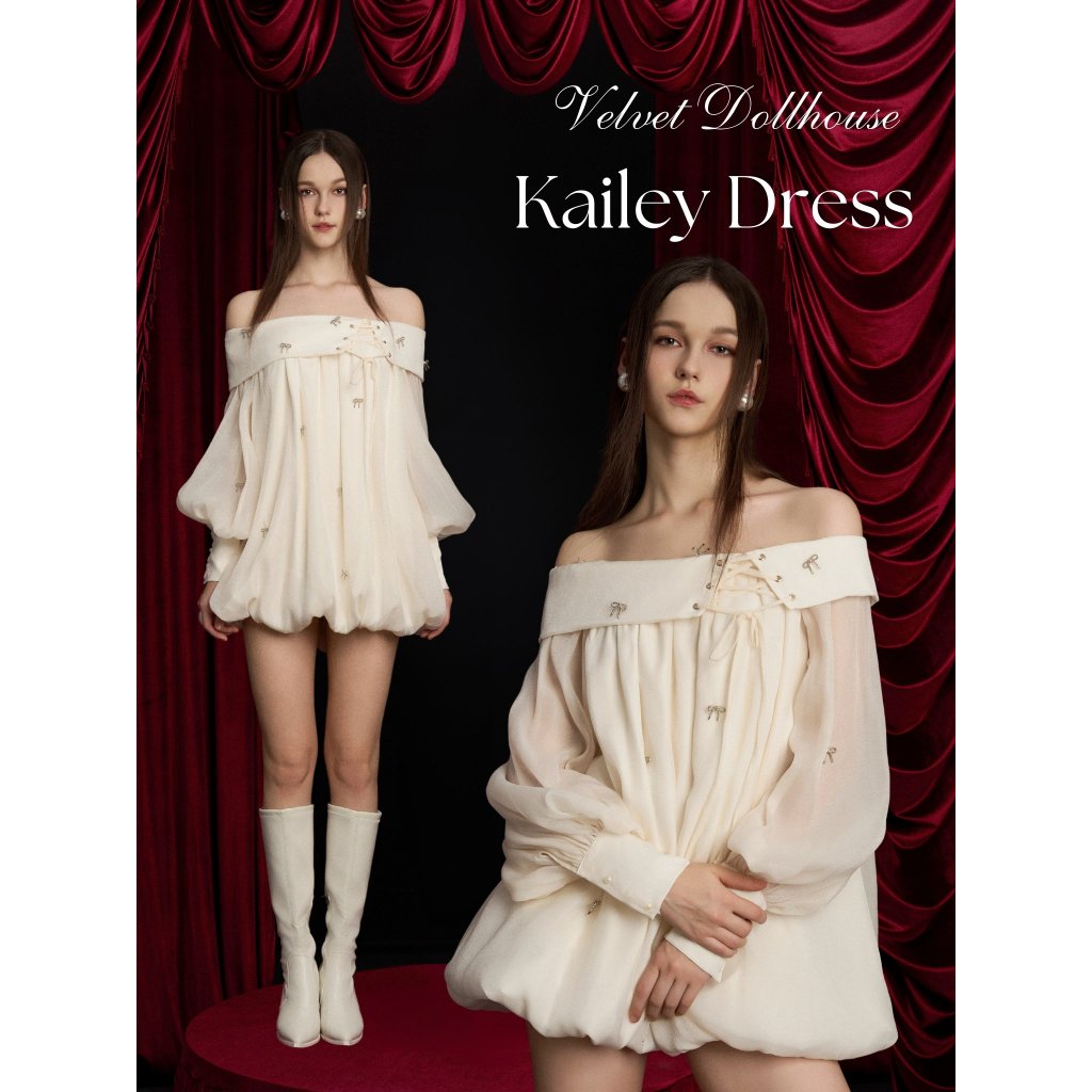 Cream-colored babydoll dress with long sleeves and off-the-shoulder cream color, decorated with high-quality silk bows - Kailey Dress AMELIE