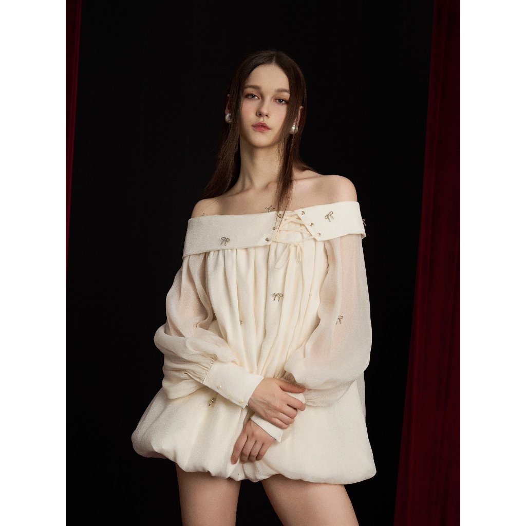 Cream-colored babydoll dress with long sleeves and off-the-shoulder cream color, decorated with high-quality silk bows - Kailey Dress AMELIE