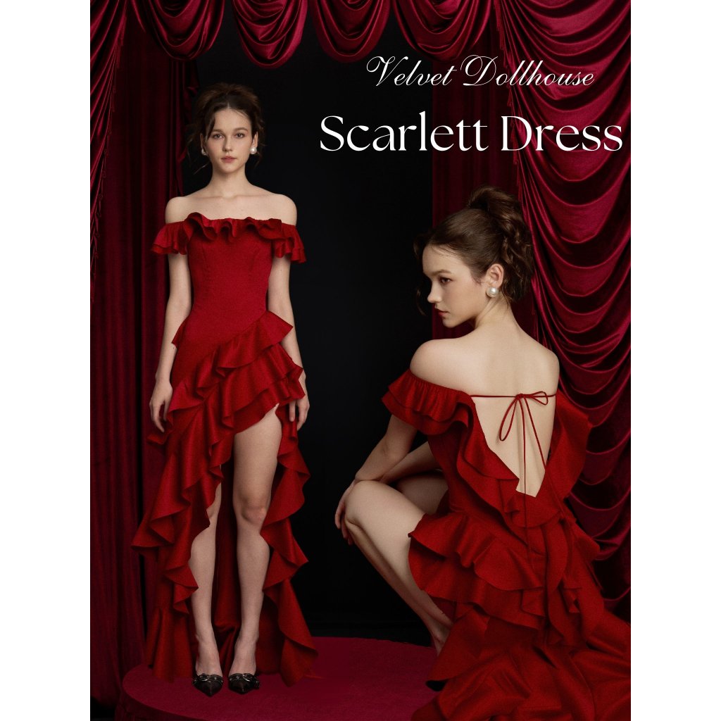 Đầm dài maxi trễ vai chất Tafta tua rua xẻ tà, khoét lưng gợi cảm, sang trọng - Scarlett Dress AMELIE