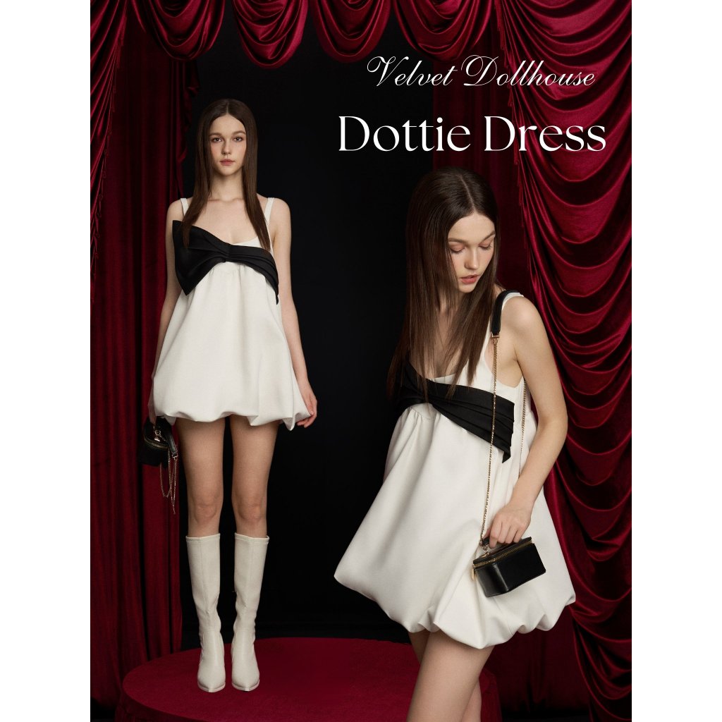 White babydoll dress with 2 round neck straps and black bow applique design - Dottie Dress AMELIE 