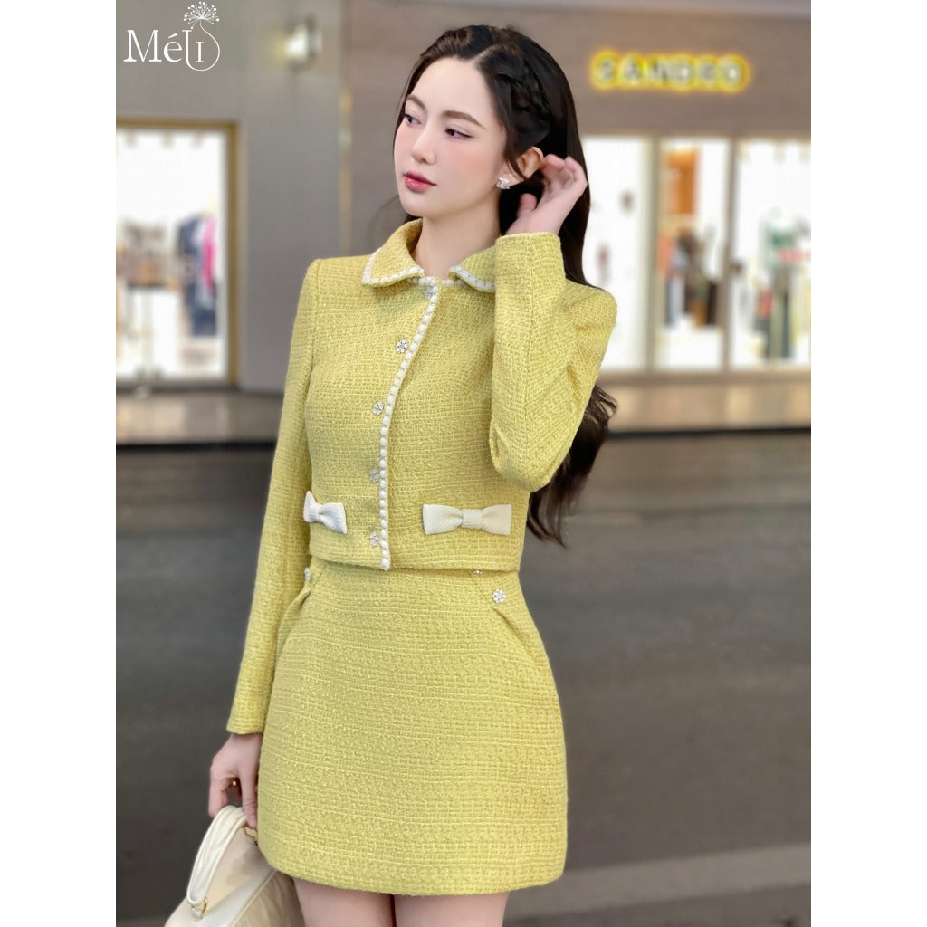 Áo khoác dạ tweed vàng phối nơ kem - Chân váy dạ tweed vàng xếp ly - Thiết kế Méli