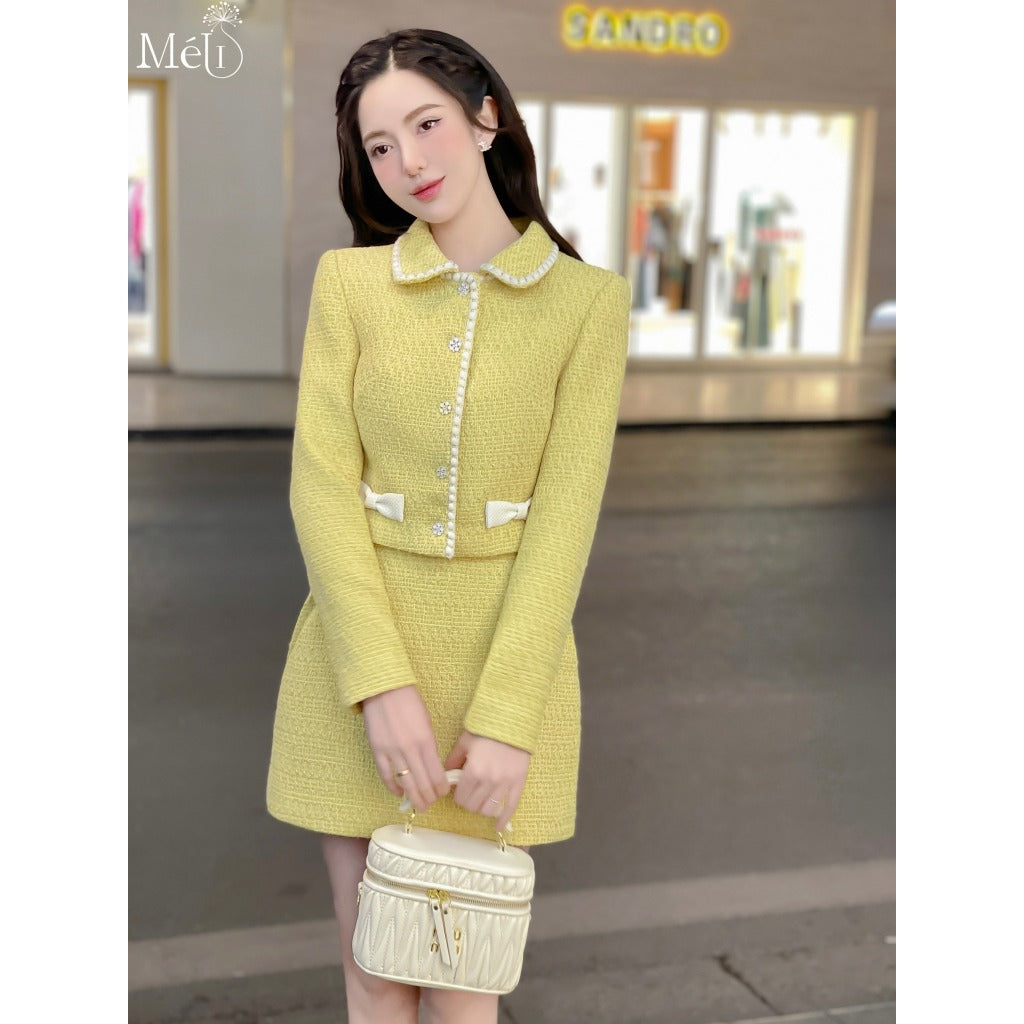 Yellow tweed evening jacket with cream bow - Pleated yellow tweed evening gown - Méli design