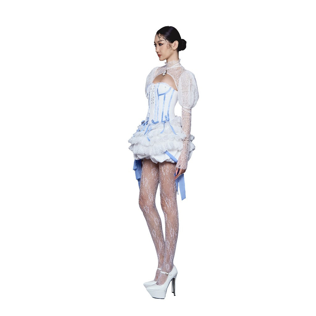 Silk Ribbon Corset Top Set A24012743 + Floor Flare Skirt CV24010672 + Puff Sleeve Lace Jacket LSEOUL K24010249 Cloudy 