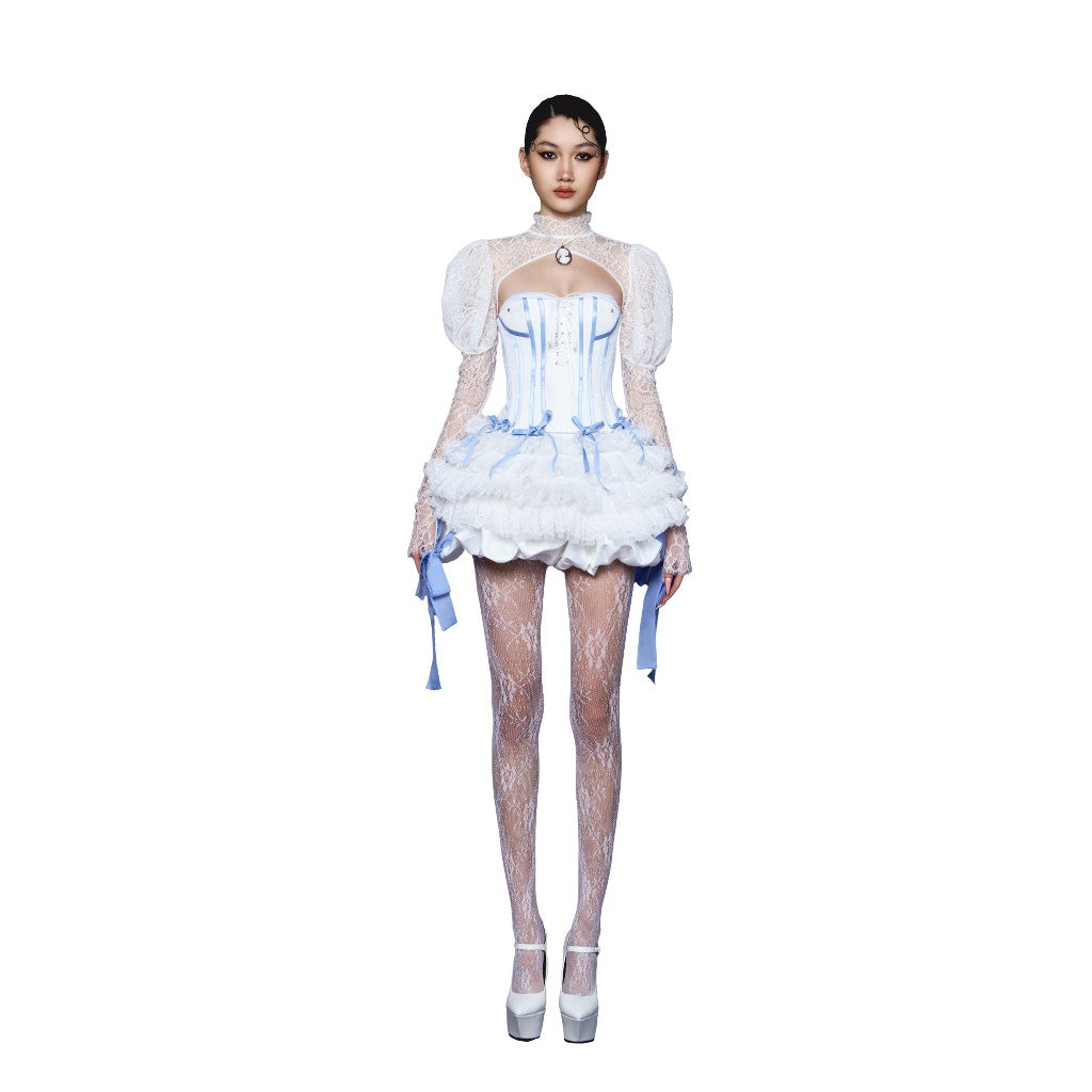 Silk Ribbon Corset Top Set A24012743 + Floor Flare Skirt CV24010672 + Puff Sleeve Lace Jacket LSEOUL K24010249 Cloudy 