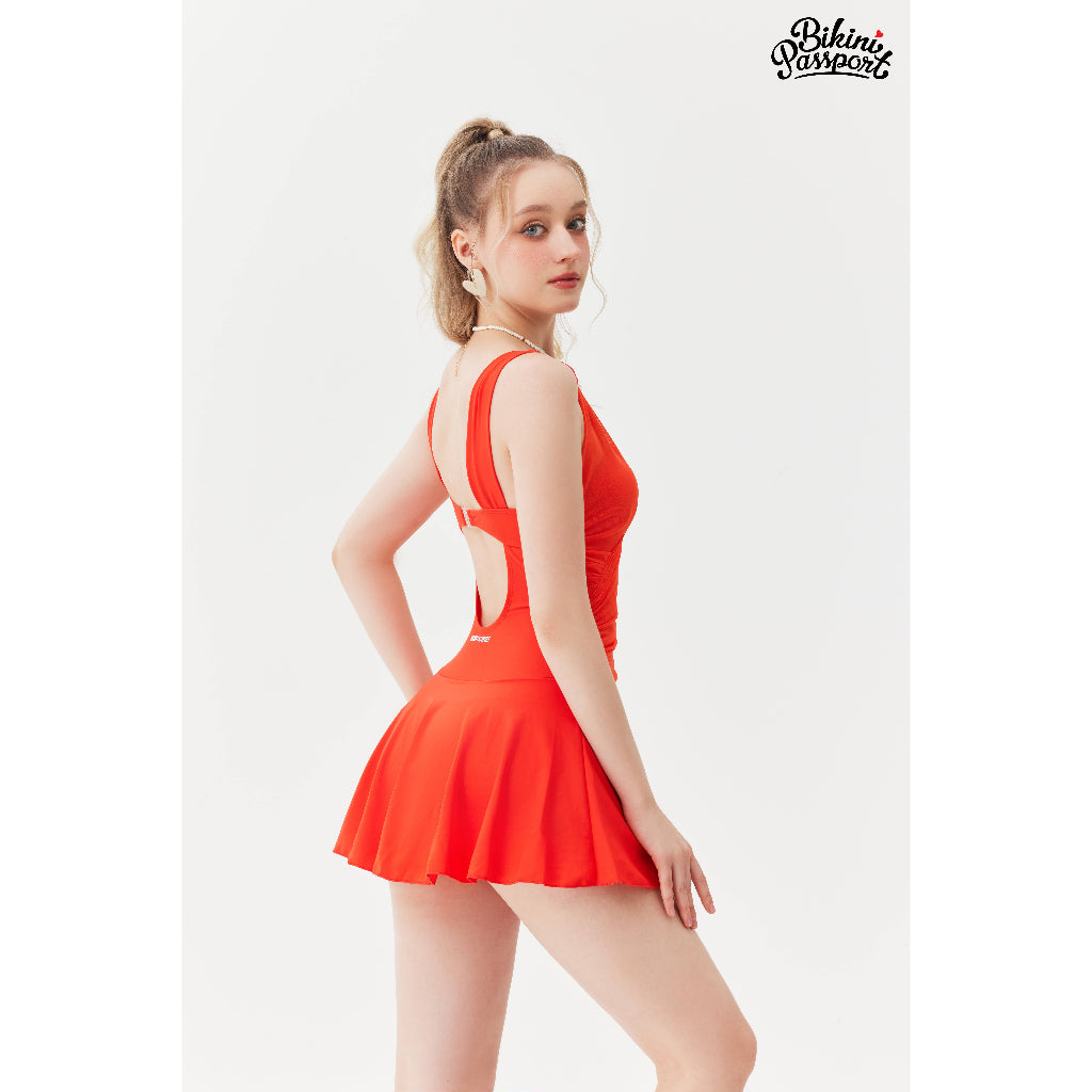 Women's BIKINI PASSPORT swimsuit, One-piece pleated skirt - Orange - BS301_OR