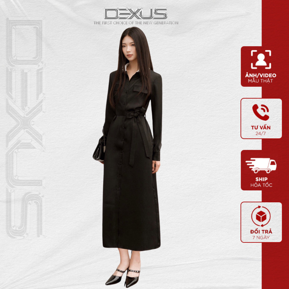 Luxurious Long Sleeve Black Silk Dress / Dress DELUX DRESS_DXV70256