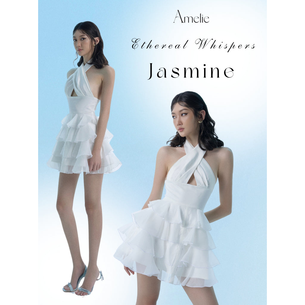 White dress with cross neck and flared waist, showing off sexy and luxurious back - Jasmine Dress AMELIE