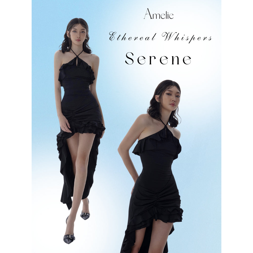 Black Body Midi dress with fishtail collar, fishtail shape, fringed waist and tie-up for a sexy, luxurious party - Serene Dress AMELIE