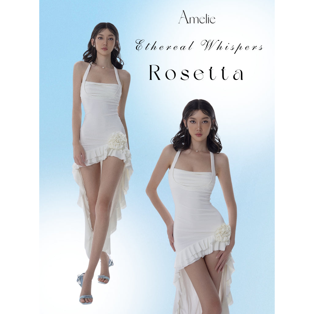 White two-strap bodycon dress with tasseled fishtail shape and flowers for a luxurious and sexy party - Rosetta Dress AMELIE 