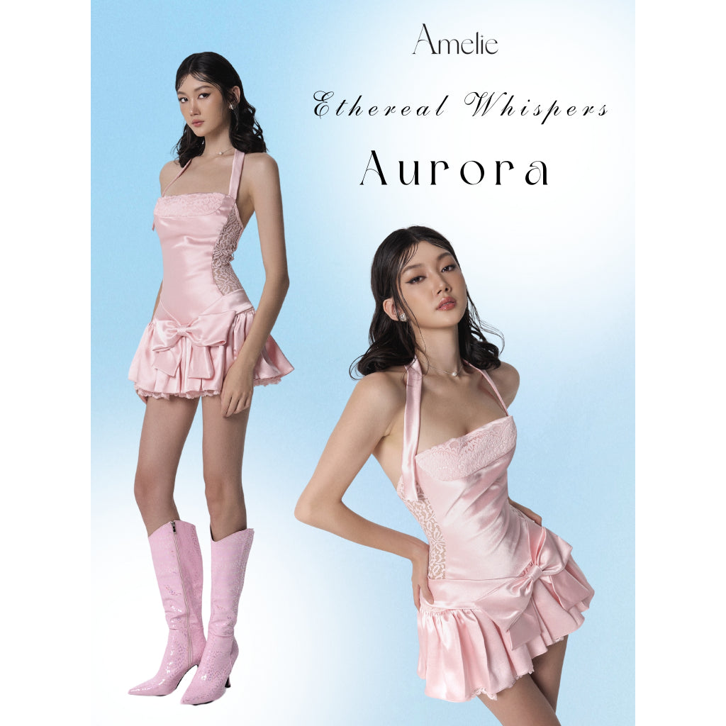 2-strap Silk Pink Bodysuit with feminine pleated lace and bow tie - Aurora Dress AMELIE 