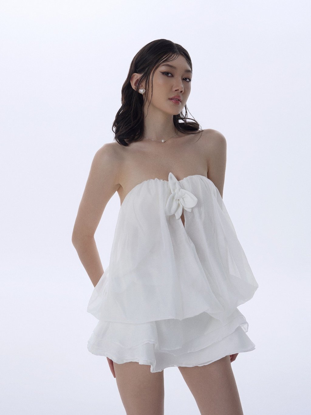 Set Floral embellished bustier top + white flared skirt made of high quality crep silk - Orchid Set