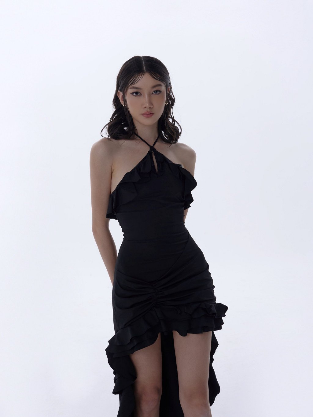 Black Body Midi dress with fishtail collar, fishtail shape, fringed waist and tie-up for a sexy, luxurious party - Serene Dress AMELIE