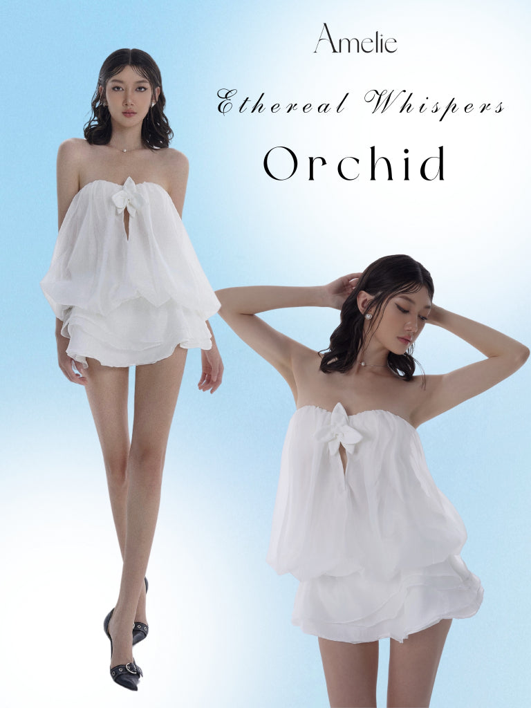 Set Floral embellished bustier top + white flared skirt made of high quality crep silk - Orchid Set AMELIE 