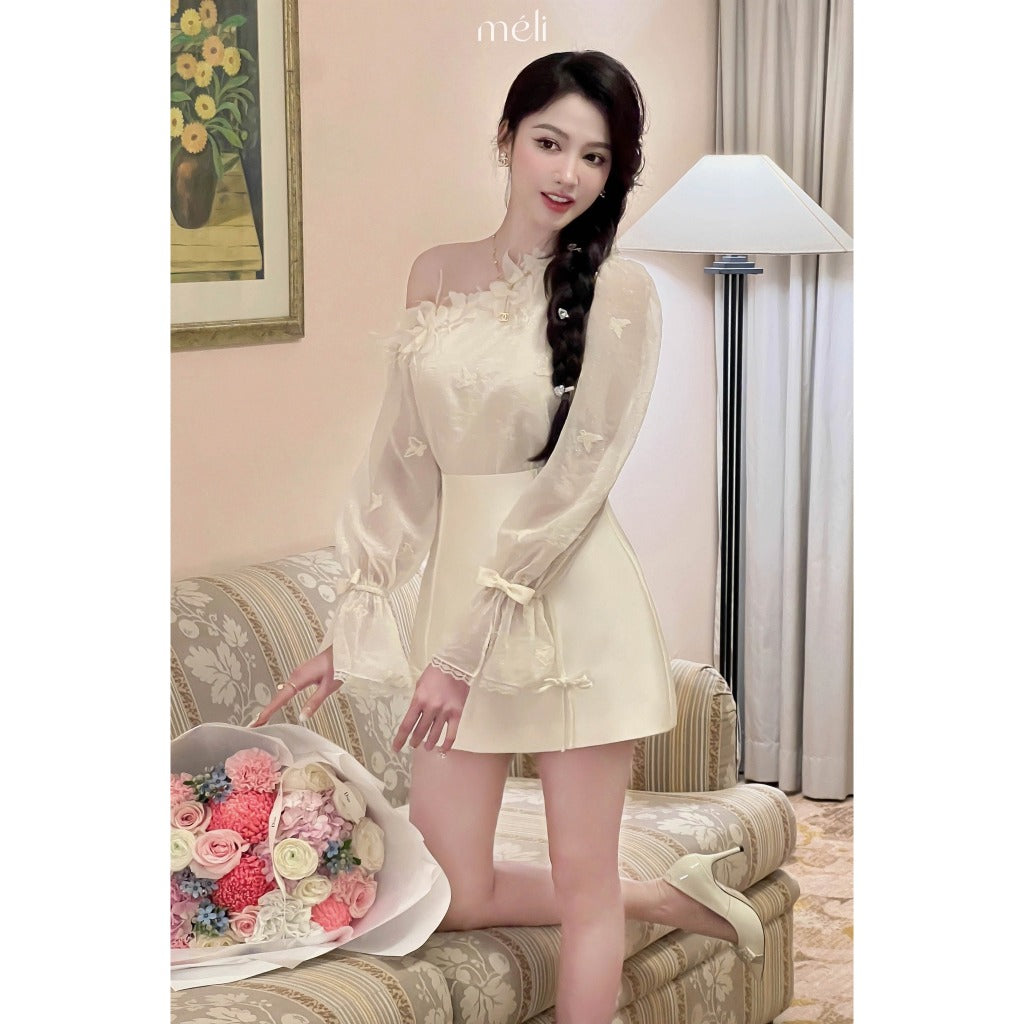 [Large Voucher] Shimmer cream silk off-the-shoulder shirt + Short A-line cream tafta skirt with bow - Méli design