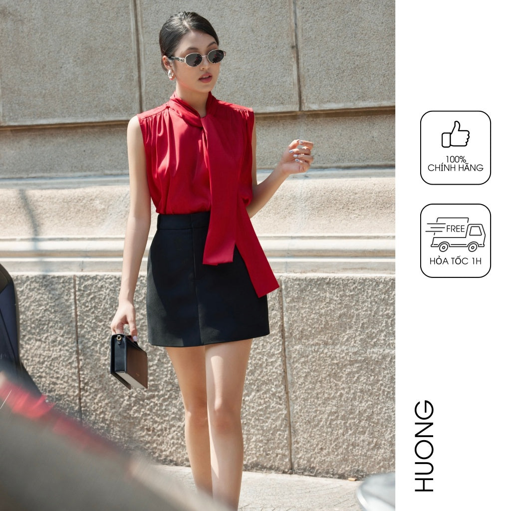 HUONG BOUTIQUE bow collar close-fitting red silk shirt BSSM39