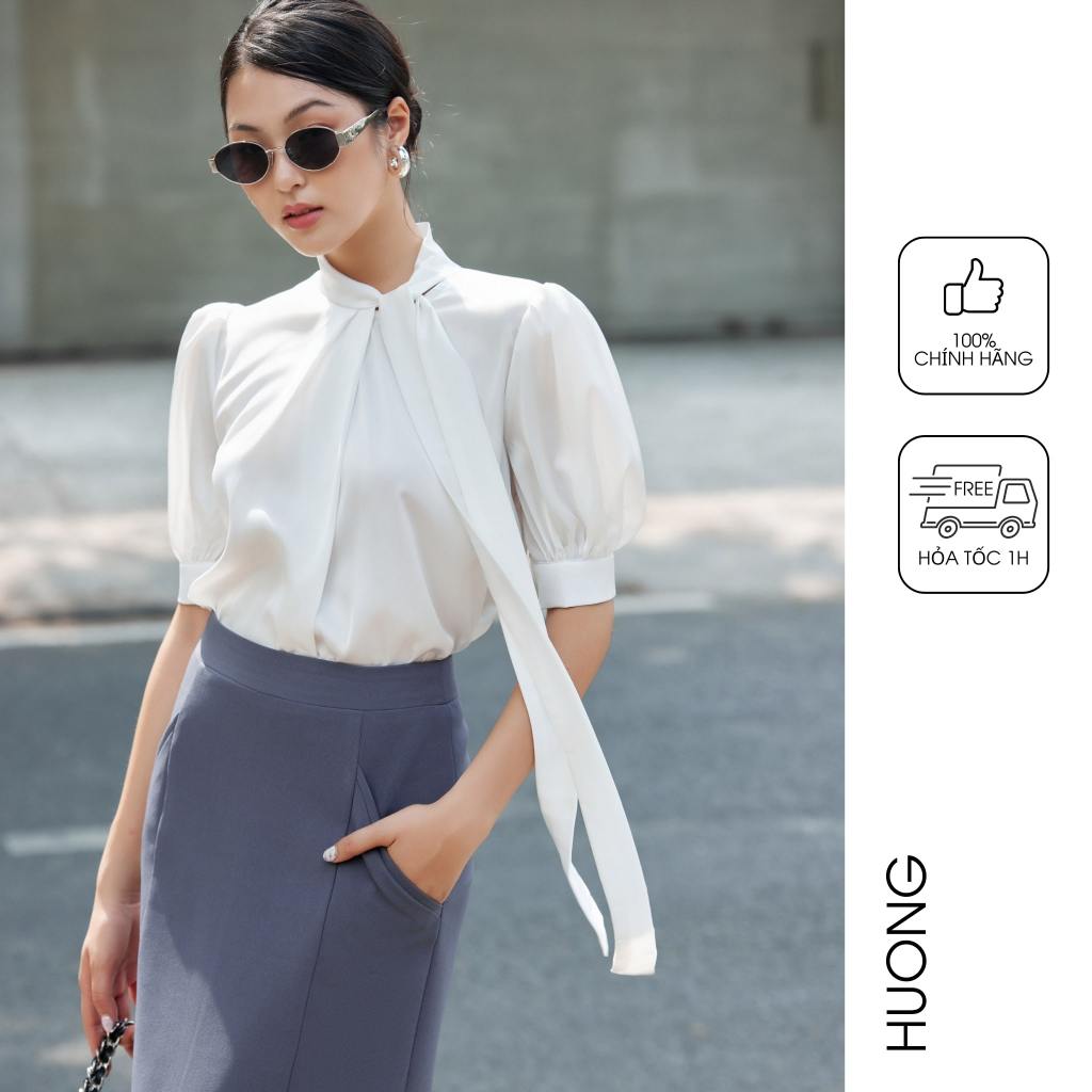 Pure white silk shirt with bow collar HUONG BOUTIQUE BSSM38