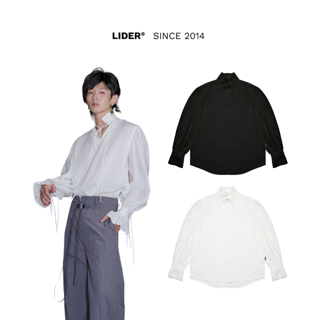 AETHER RUFFLE SHIRT Unisex Linen Long Sleeve Shirt - White/ Black