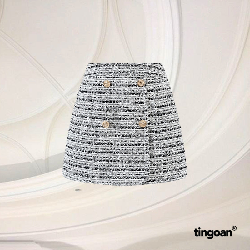 TINGOAN® - High-waisted gray tweed skirt with white rhinestone buttons PRETTY SNOW SKIRT/GR