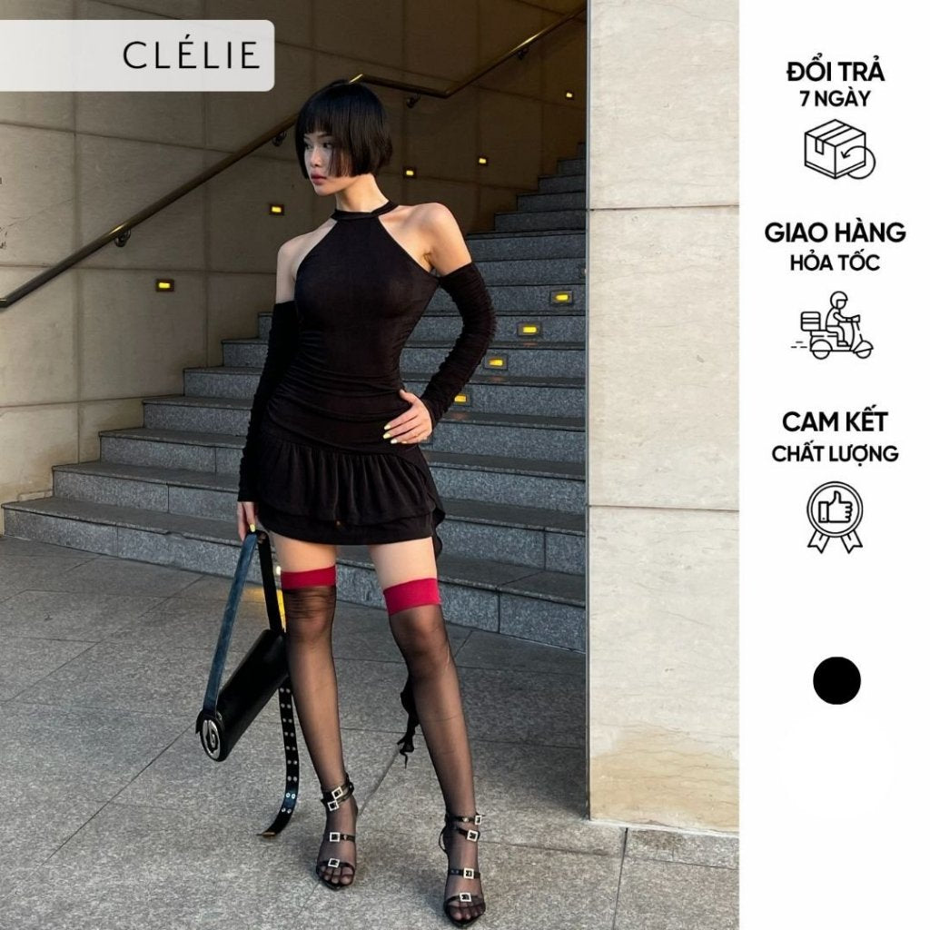 Đầm cổ yếm tay dài nhún đen tua rua | HANNIE DRESS - CLÉLIE