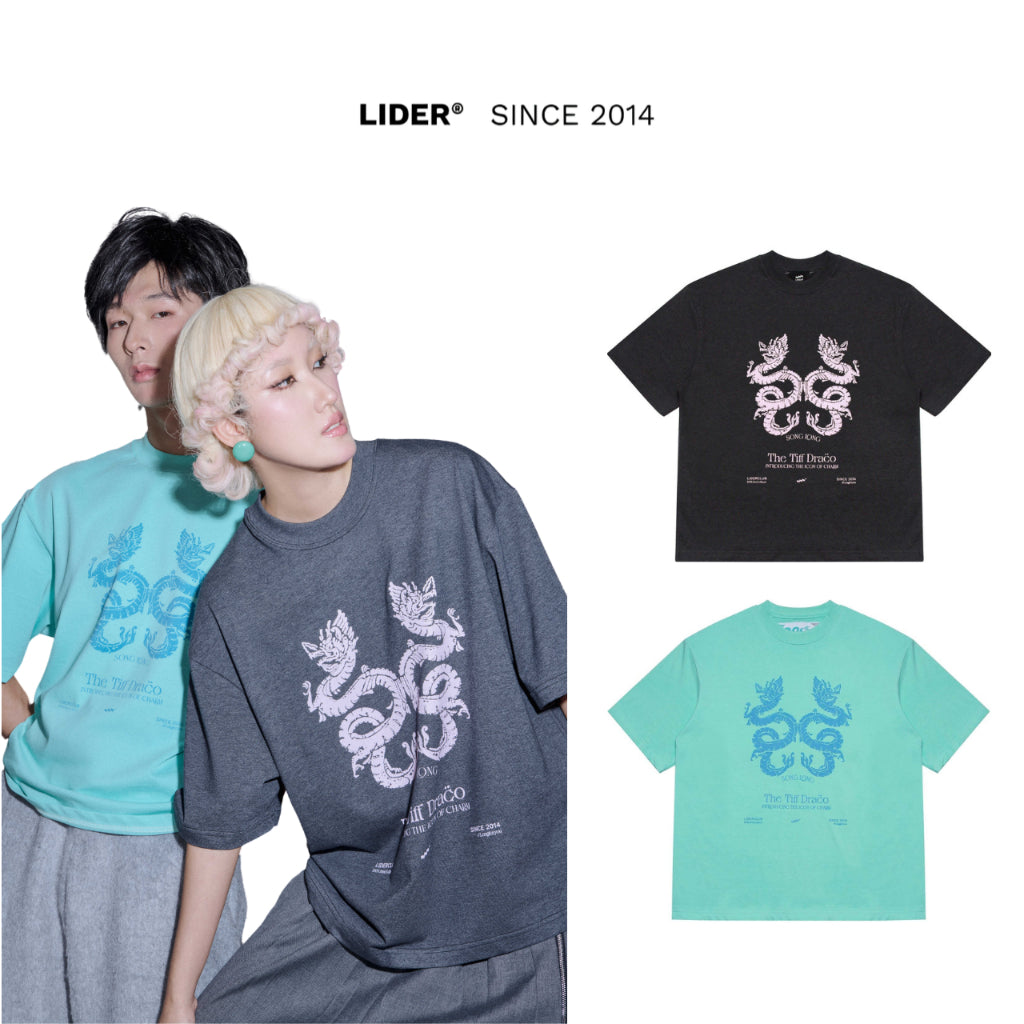 Unisex Dragon Boxy T-Shirt LIDER SONGLONG TEE - Tiffany/Gray