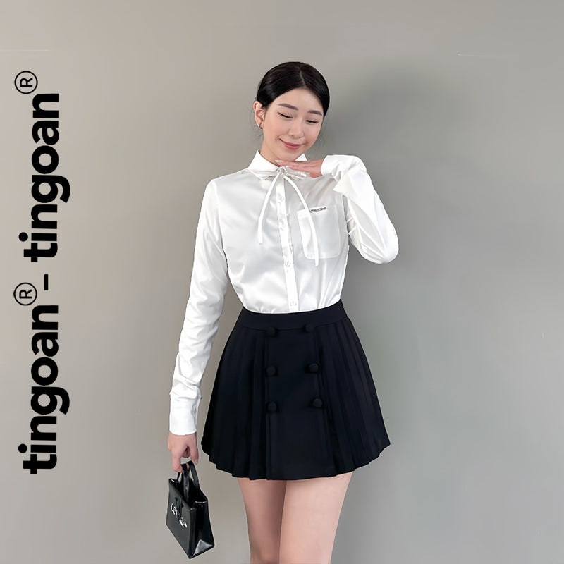 TINGOAN® - Symmetrical pleated short skirt with 6 black buttons ANNA SKIRT/BL