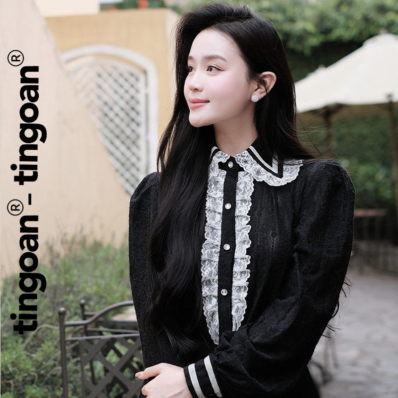 TINGOAN® - Black long-sleeved shirt with velvet trim and lace collar NI NI BLOUSE/BL