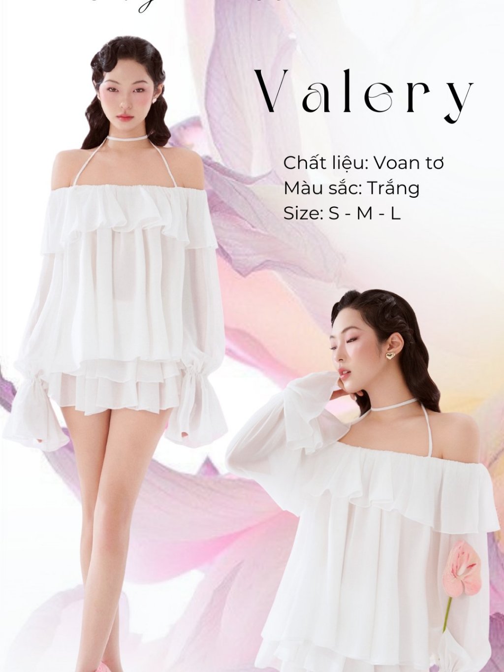 Babydoll off-the-shoulder set with silk chiffon straps + 2-tier flared skirt - Valery Set AMELIE