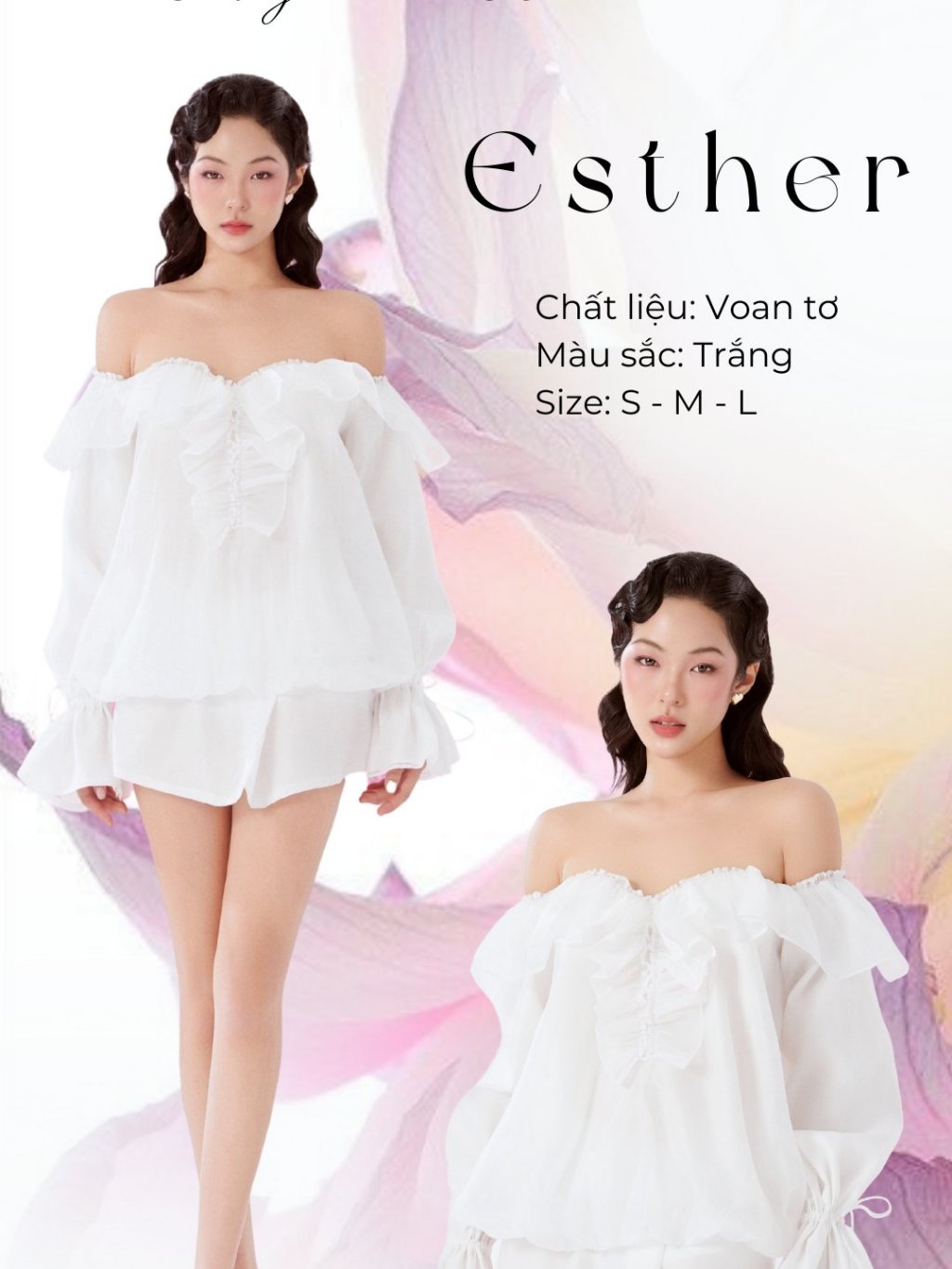 Set bí babydoll trễ vai tay phồng nhún ngực + Chân váy xếp nếp chữ A - Esther Set AMELIE