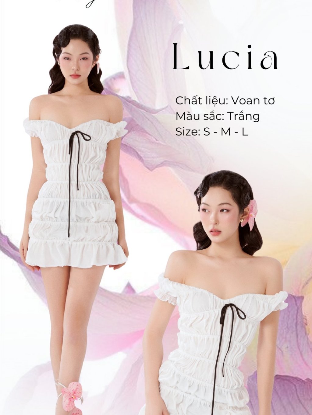 Đầm nhún ôm body trễ vai đính nơ màu trắng điệu đà gợi cảm - Lucia Dress AMELIE