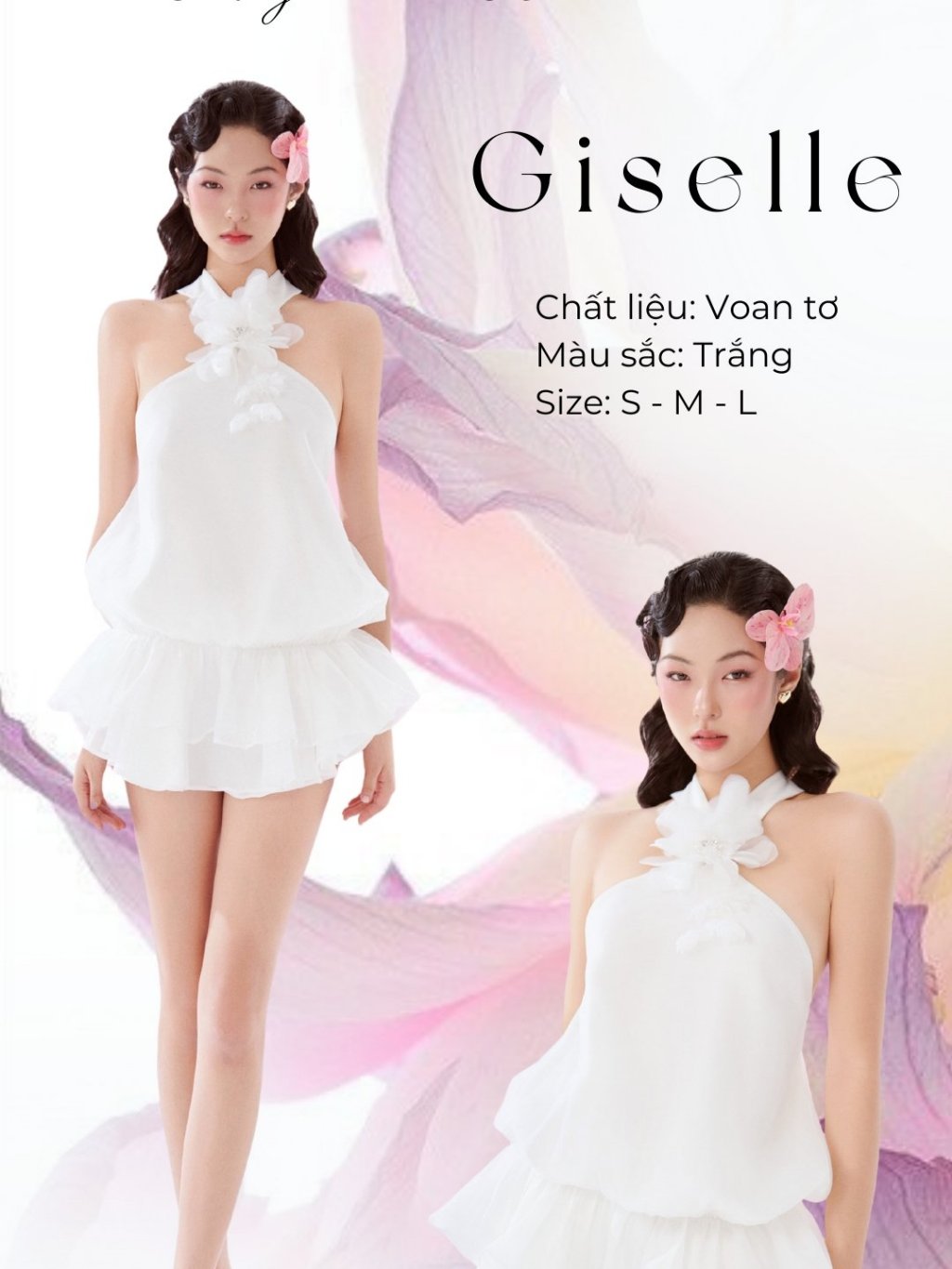 Set Floral embellished halter neck top + white flared skirt made of high quality silk chiffon - Giselle Set AMELIE 