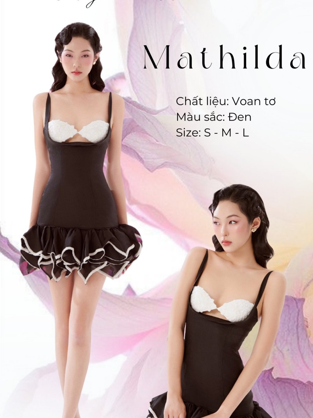 Black bodycon dress with floral straps and fringed shape for a luxurious and sexy party - Mathilda Dress AMELIE