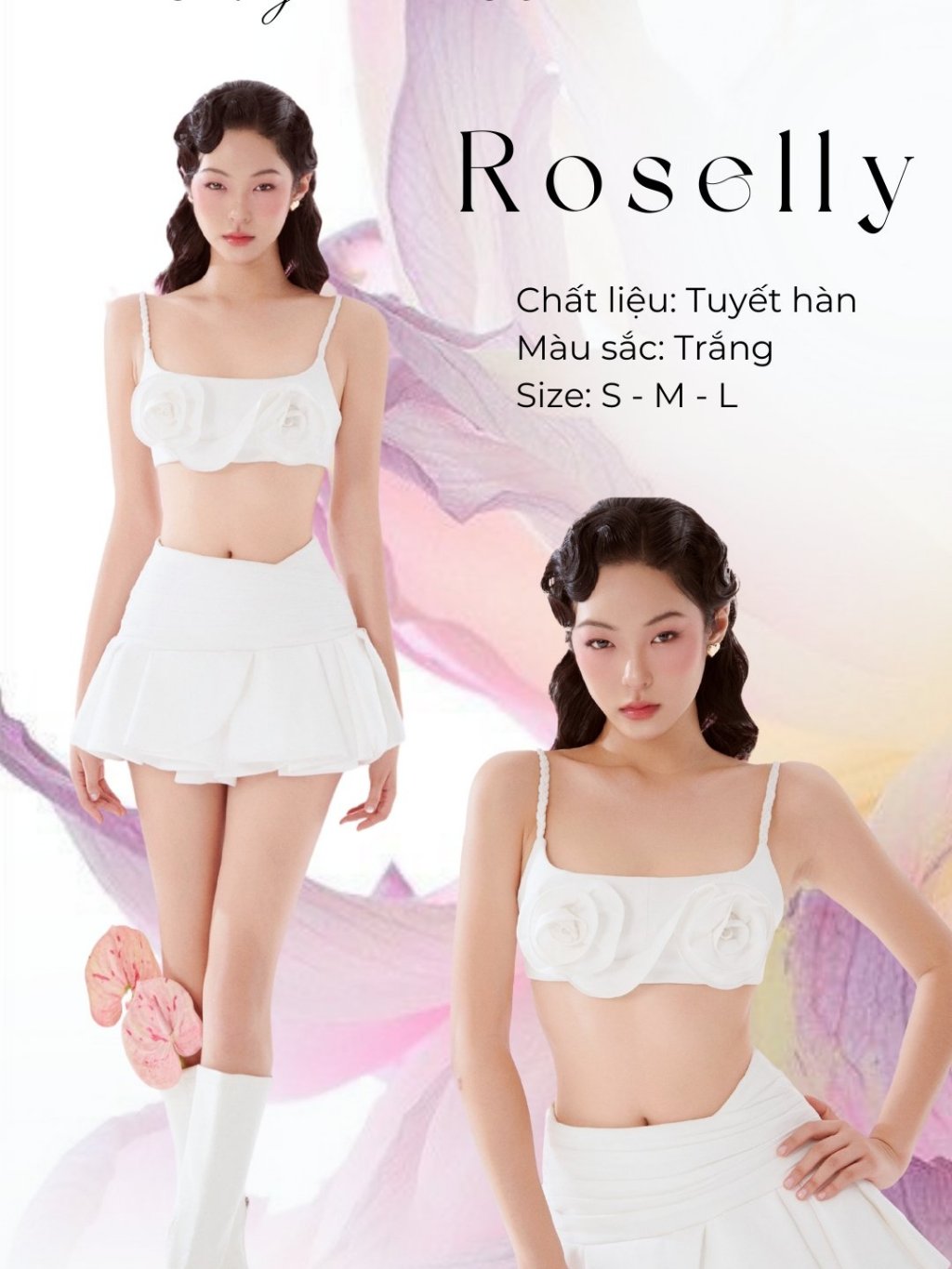 Set of 2-strap crop top with embossed flowers + white pleated flared skirt - Roselly Set AMELIEE