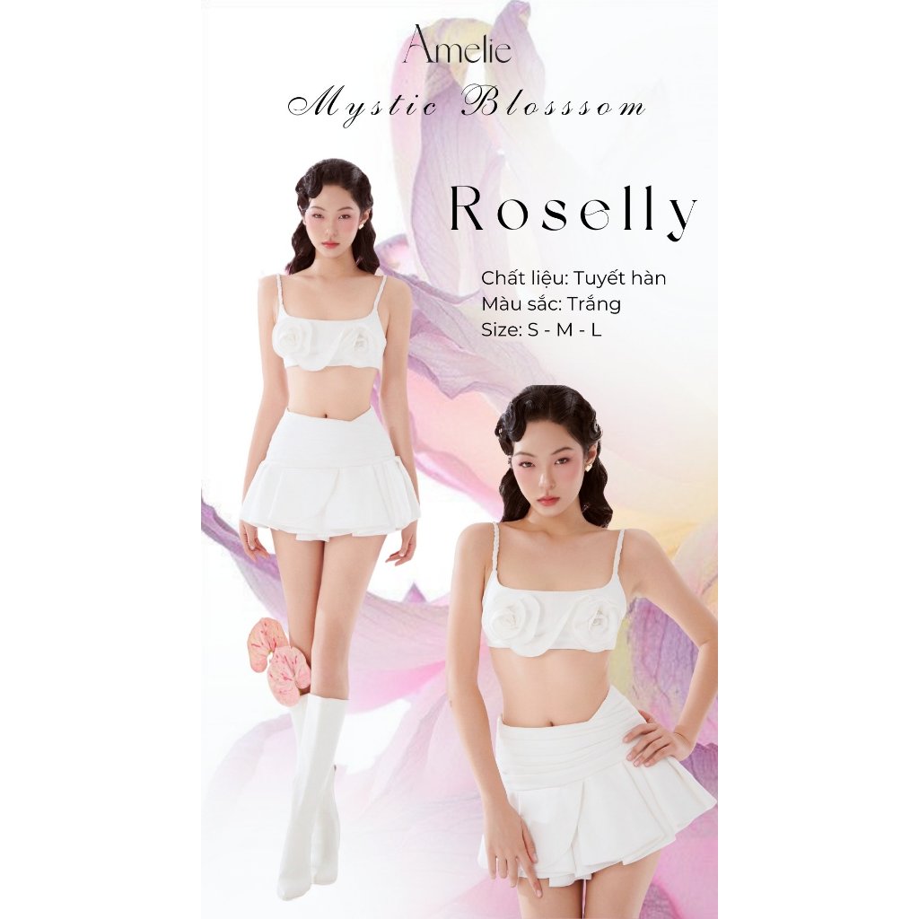 Set of 2-strap crop top with embossed flowers + white pleated flared skirt - Roselly Set AMELIEE