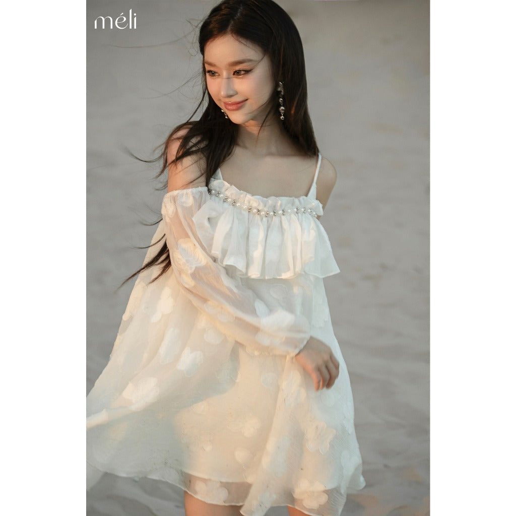 Fleur Dress - White floral silk dress with baby doll shape, short ruffles, off-the-shoulder long sleeves - Méli design