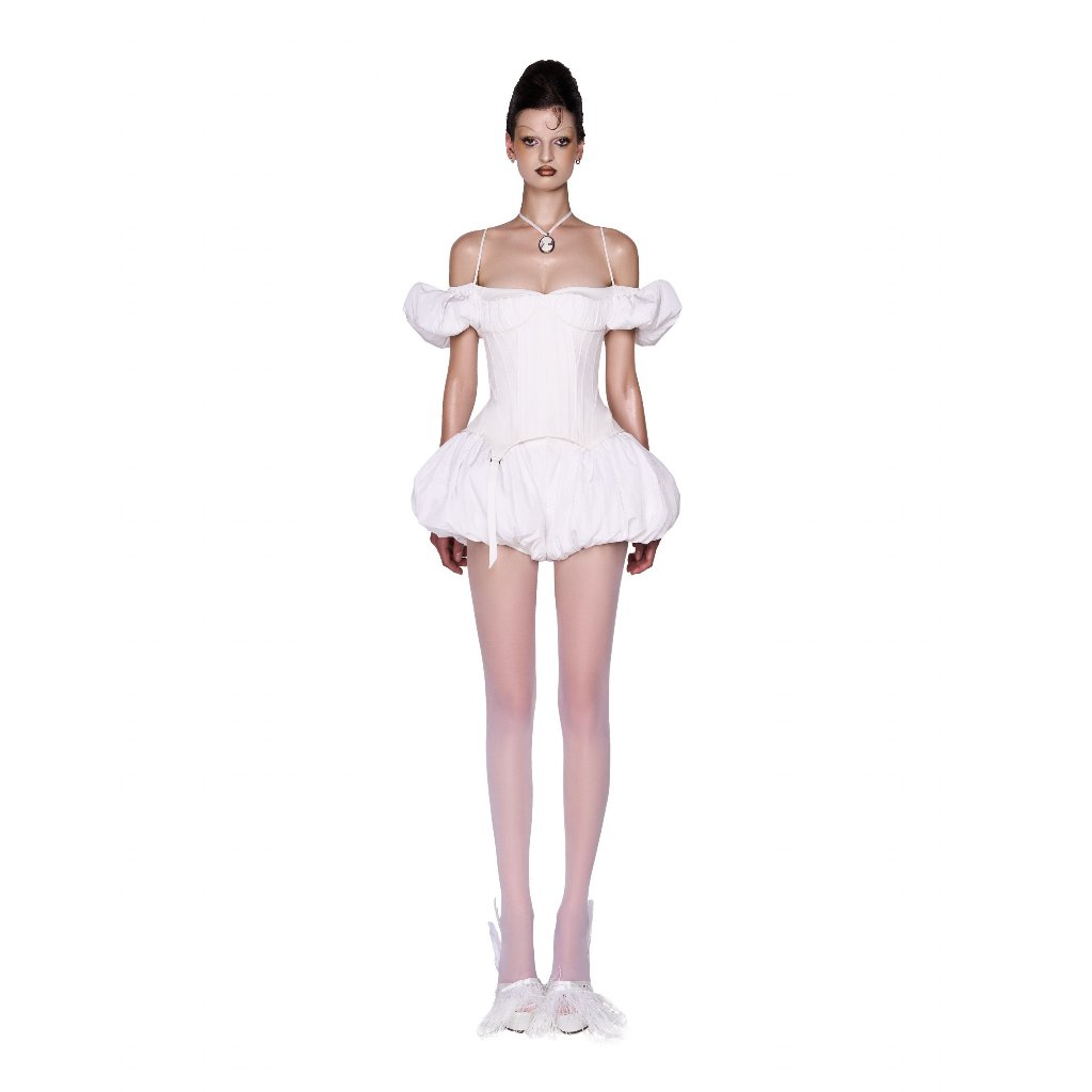 Set Doux Fou White Dress 2 Straps Short Puffed Skirt + Bodycon Corset Cup LSEOUL B24031398 