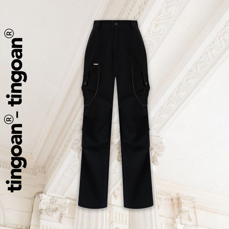 TINGOAN® - Black khaki pants with box edges and pockets on both sides with YEY PANTS/BL hem belt