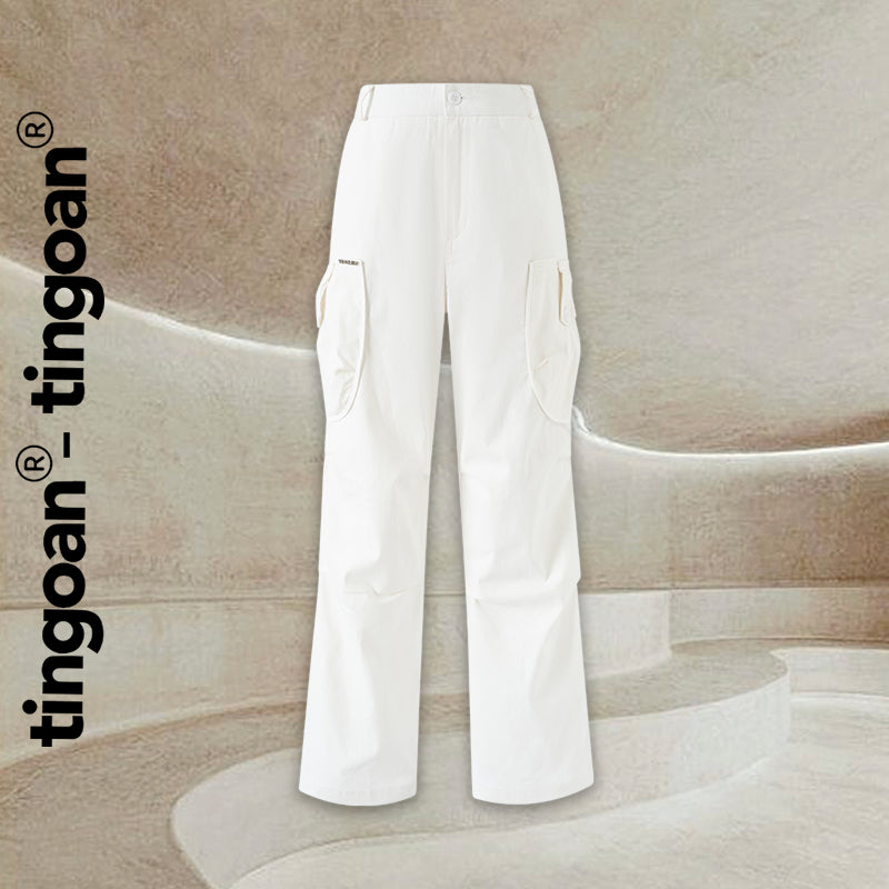 TINGOAN® - White khaki pants with box pockets on both sides with YEY PANTS/WH hem belt