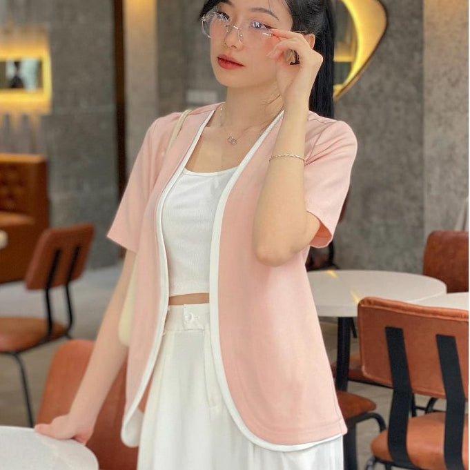 Women's short-sleeved blazer shirt with round flap and color combination VIEN TRAN V65D24H001