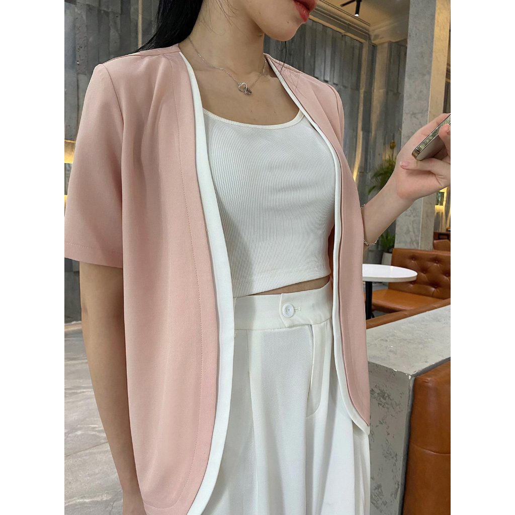 Women's short-sleeved blazer shirt with round flap and color combination VIEN TRAN V65D24H001