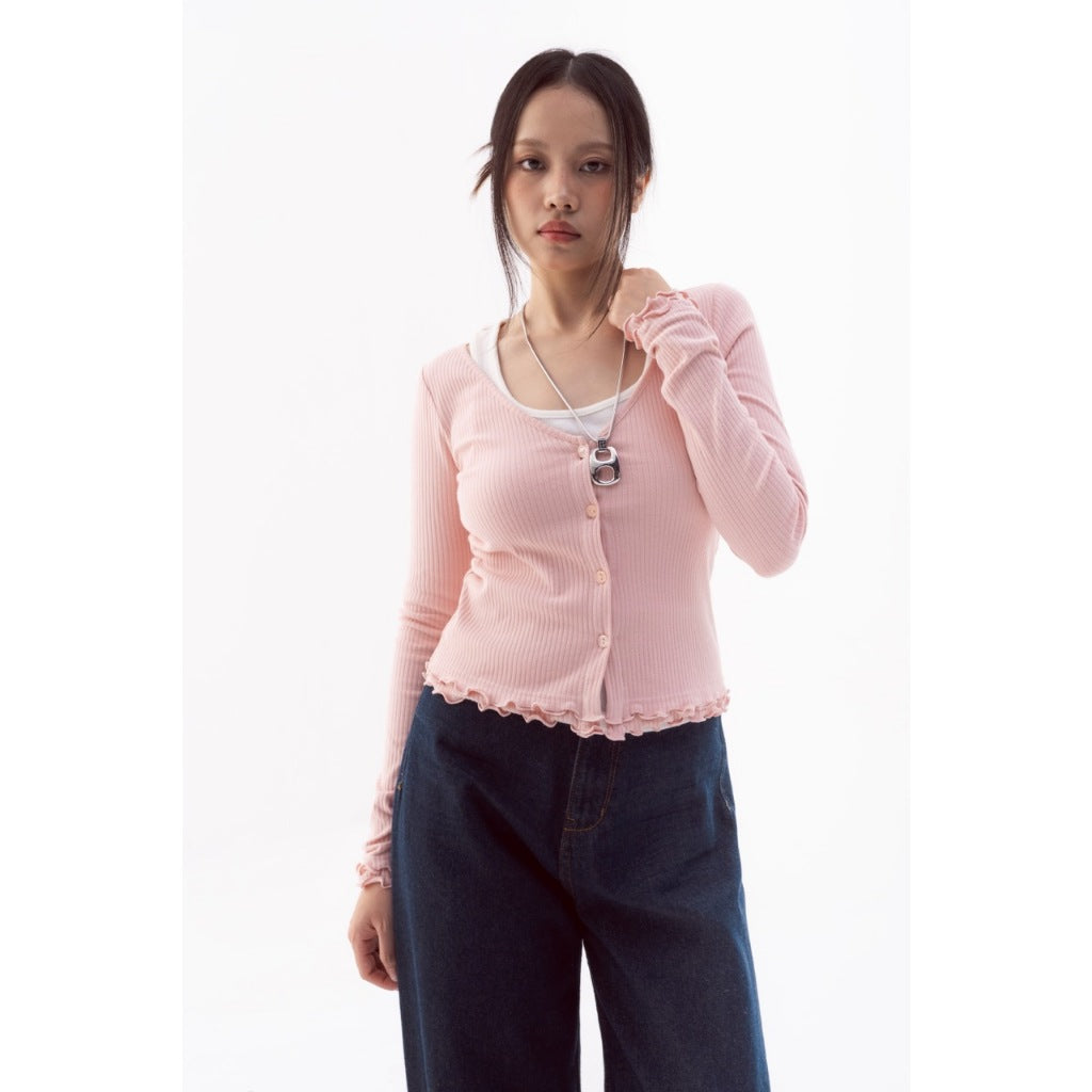 LIBÉ WORKSHOP - V-neck long-sleeved shirt with pink rolled edges