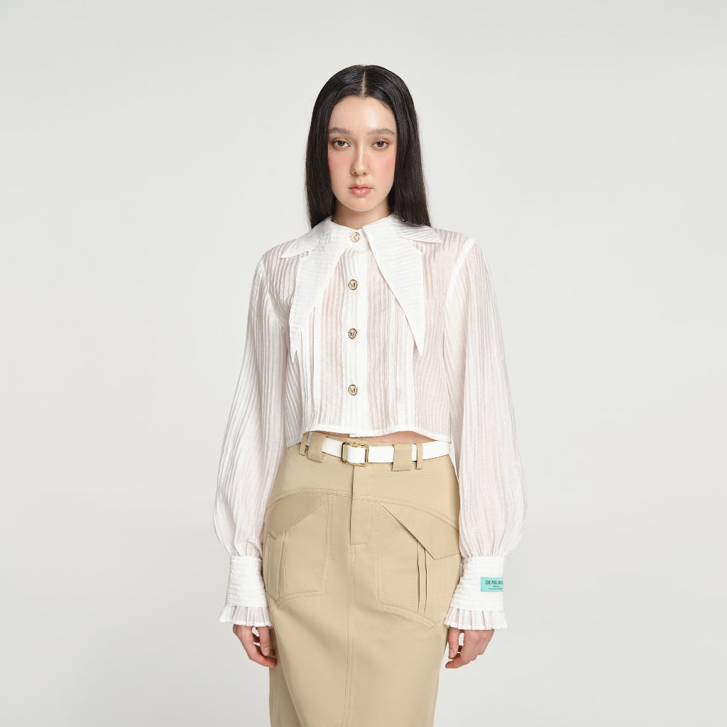 DEAR JOSÉ - Mariposa butterfly collar crop top shirt in white organza fabric