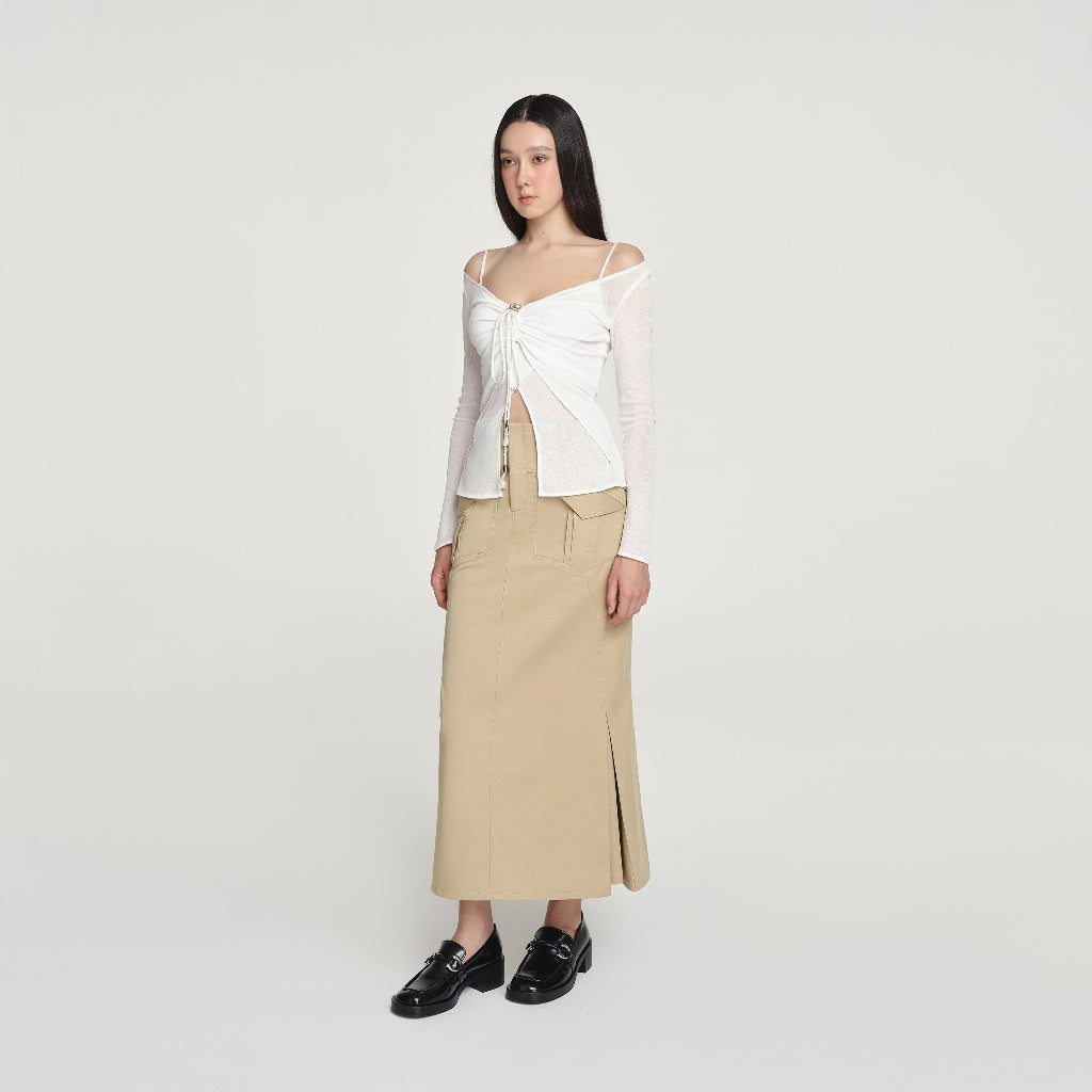 DEAR JOSÉ - ORIGAMI KHAKI long skirt in beige chino fabric