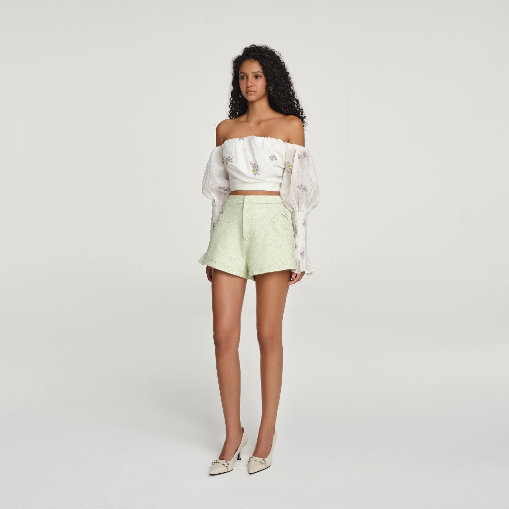 DEAR JOSÉ - HEART OF STONE GREEN brocade shorts