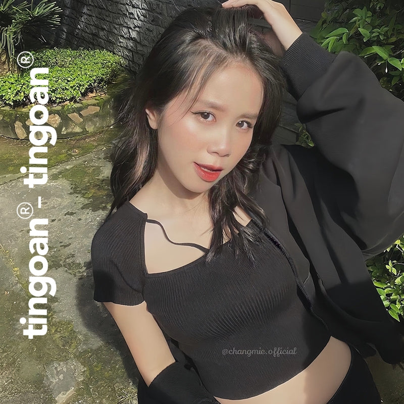 TINGOAN® - MISSIN' U TOP/BL short-sleeved black cross cropped ruffled sweater latest version October 2023