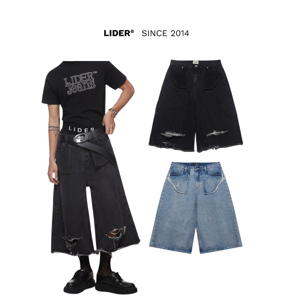 Unisex LIDER CARPENTER DENIM SHORTS Wide Leg Jeans - Black/Blue