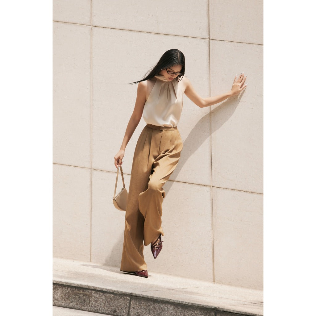 Beige silk shirt with pleated collar and chest HUONG BOUTIQUE BSSM57