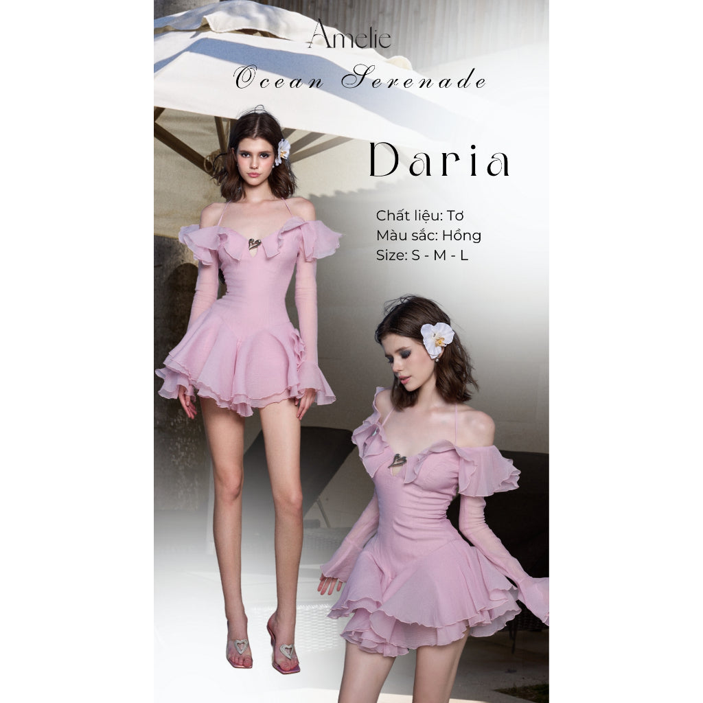 Váy voan hồng hở vai cổ bèo tùng xoè - Daria Dress AMELIE