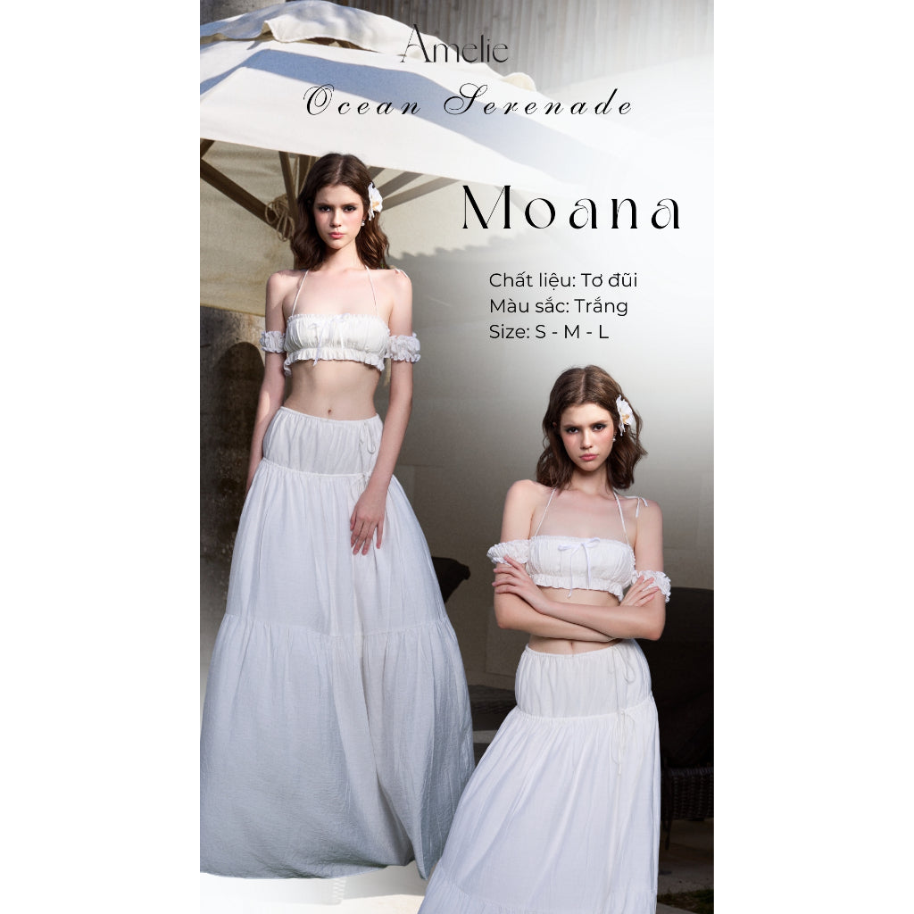 Set áo croptop 2 dây trễ vai xếp ly - váy maxi  bo chun đi biển - Moana Set AMELIE