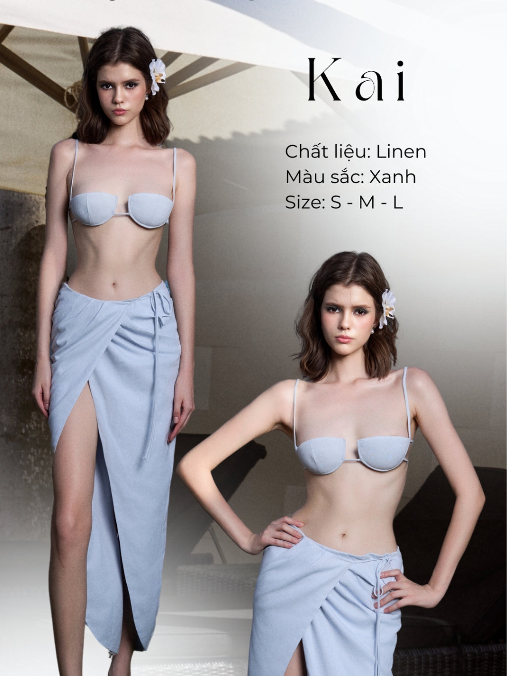 2-strap Croptop Bra Set + Bow-tie Bikini Cover Skirt - Kai Set AMELIE 